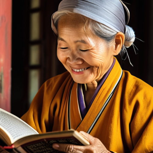Home 11 **An elderly Vietnamese woman (60s), Cô Ba, sitting in her home, reading a Buddhist scripture with a gentle smile. Soft, warm lighting. Traditional Vietnamese clothing.** (Focus: Overcoming adversity, lifelong learning, spirituality)