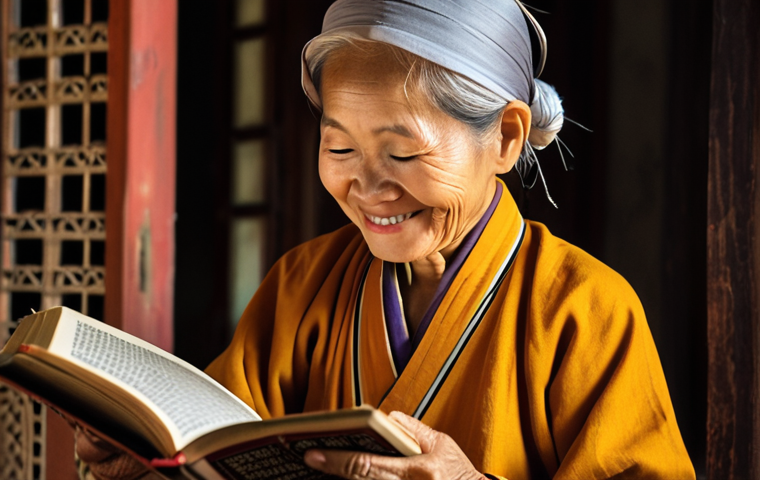 **An elderly Vietnamese woman (60s), Cô Ba, sitting in her home, reading a Buddhist scripture with a gentle smile. Soft, warm lighting. Traditional Vietnamese clothing.** (Focus: Overcoming adversity, lifelong learning, spirituality)