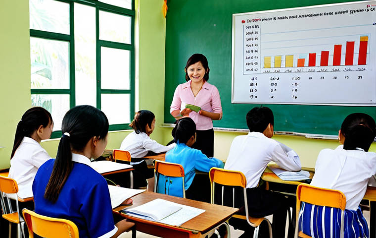 **
"Vietnamese adult literacy program classroom setting. Diverse students learning from a dedicated teacher. Charts and graphs visualizing student progress and teaching methods. Focus on data-driven improvement and positive impact."
**