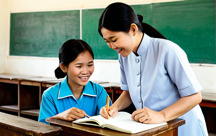 A kind Vietnamese female teacher, mid-30s, wearing a modest, professional ao dai, fully clothed. She is gently guiding the hand of an elderly Vietnamese female student, 70s, as the student writes her name for the first time on a notebook in a brightly lit, simple community classroom in a Vietnamese village. The student's face shows a mix of concentration, emotion, and dawning understanding. Another adult male student, mid-20s, watches attentively nearby. The atmosphere is warm, empathetic, and full of quiet joy. Professional photography, natural lighting, correct proportions, perfect anatomy, well-formed hands, proper finger count, natural body proportions, safe for work, appropriate content, fully clothed, modest clothing, family-friendly, high quality, realistic.