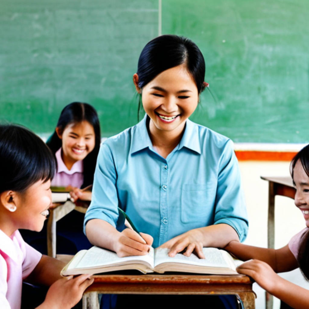 **
"A smiling Vietnamese teacher, fully clothed in a modest áo dài, helping a group of adults learn to read and write in a bright, community center in a rural village, appropriate attire, safe for work, perfect anatomy, natural proportions, family-friendly scene, focus on the joy of learning, high quality, professional photography."
**