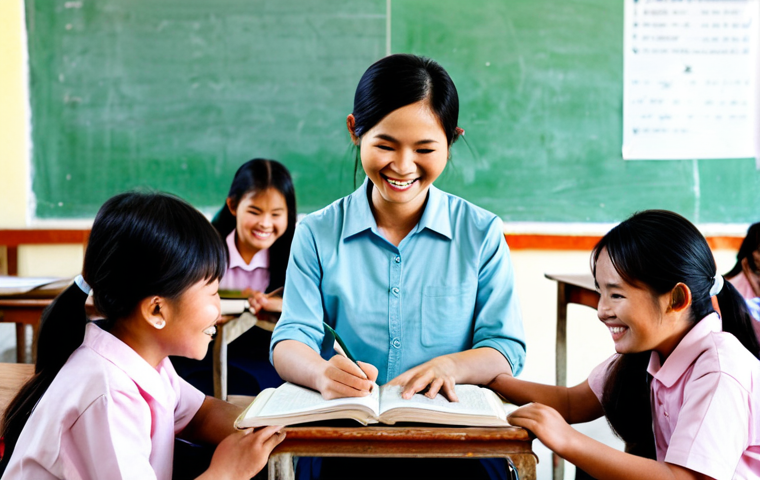 **
"A smiling Vietnamese teacher, fully clothed in a modest áo dài, helping a group of adults learn to read and write in a bright, community center in a rural village, appropriate attire, safe for work, perfect anatomy, natural proportions, family-friendly scene, focus on the joy of learning, high quality, professional photography."
**