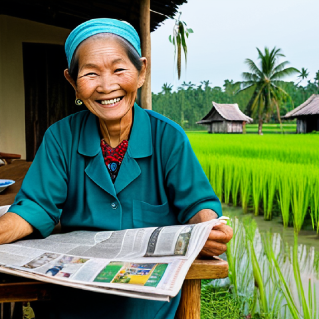 **
A cheerful elderly Vietnamese woman, fully clothed in a traditional áo bà ba, reading a newspaper at a wooden table outside her home in the Mekong Delta. Lush green rice paddies and a water buffalo are visible in the background. Focus on her smiling face and the newspaper in her hands. "Safe for work," "appropriate content," "fully clothed," "modest," "family-friendly," "perfect anatomy," "natural pose," "high quality."
**