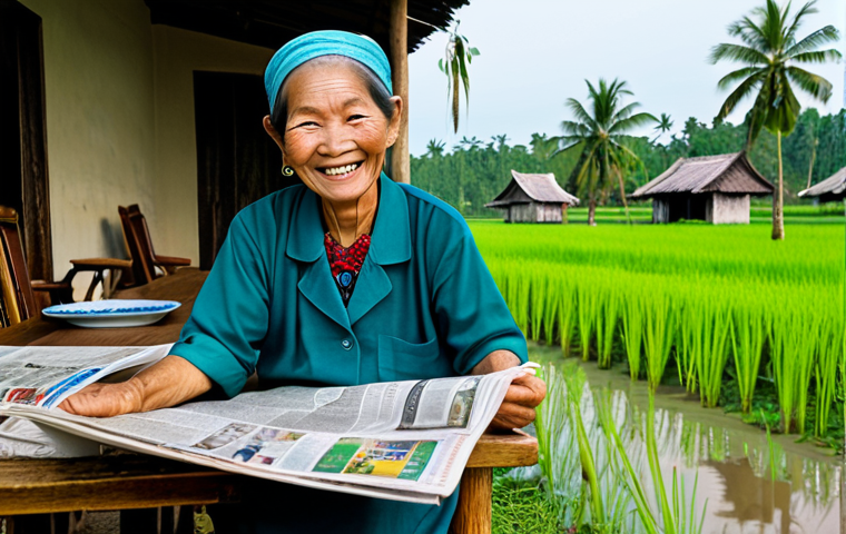 **
A cheerful elderly Vietnamese woman, fully clothed in a traditional áo bà ba, reading a newspaper at a wooden table outside her home in the Mekong Delta. Lush green rice paddies and a water buffalo are visible in the background. Focus on her smiling face and the newspaper in her hands. "Safe for work," "appropriate content," "fully clothed," "modest," "family-friendly," "perfect anatomy," "natural pose," "high quality."
**