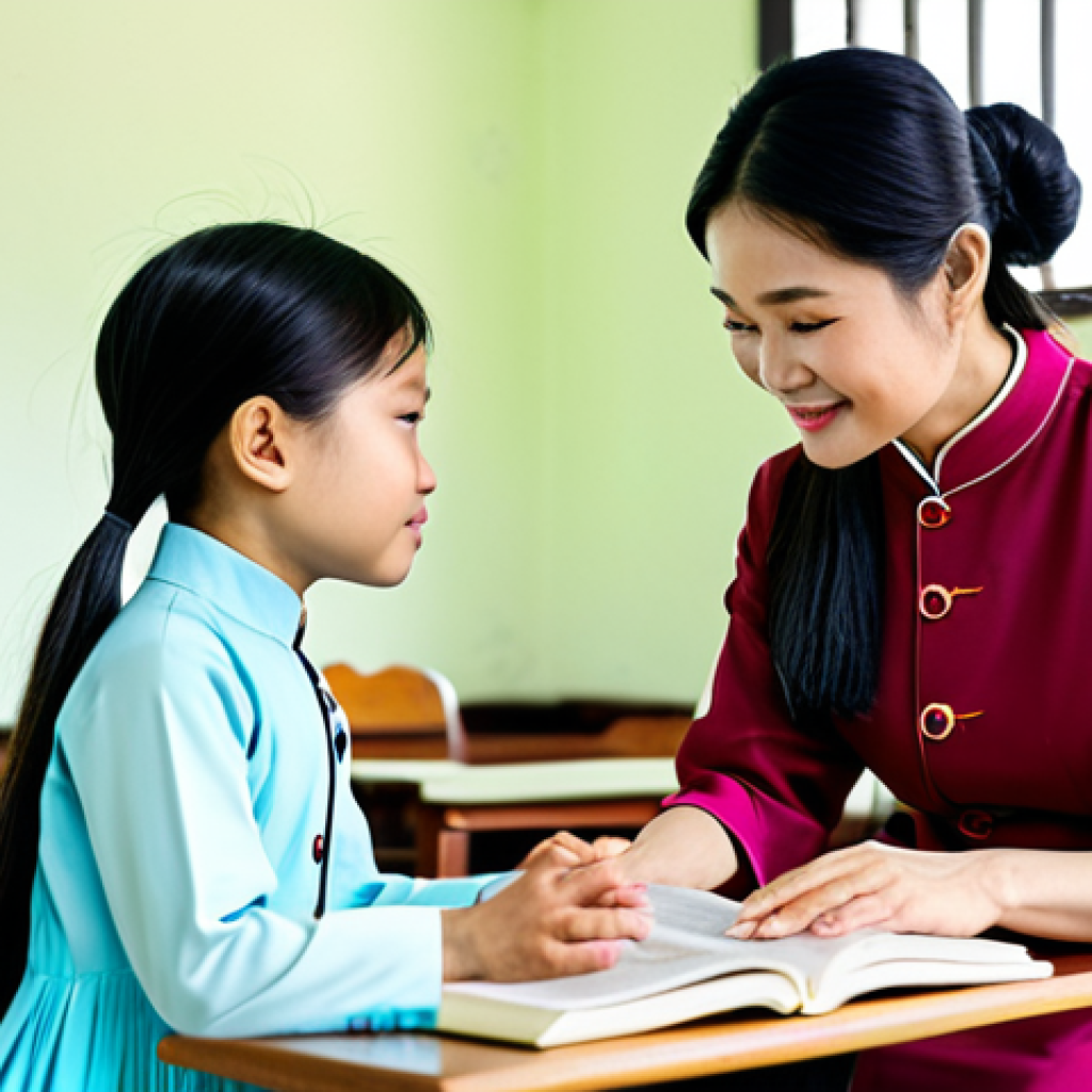 **
"A dedicated Vietnamese teacher in a modest ao dai dress, patiently guiding an adult student through basic reading exercises in a brightly lit community center. Safe for work, appropriate content, fully clothed, professional, perfect anatomy, natural proportions, well-formed hands, proper finger count, family-friendly learning environment, focus on kindness and encouragement."
**