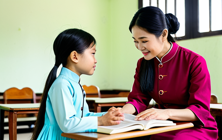 **

"A dedicated Vietnamese teacher in a modest ao dai dress, patiently guiding an adult student through basic reading exercises in a brightly lit community center. Safe for work, appropriate content, fully clothed, professional, perfect anatomy, natural proportions, well-formed hands, proper finger count, family-friendly learning environment, focus on kindness and encouragement."

**