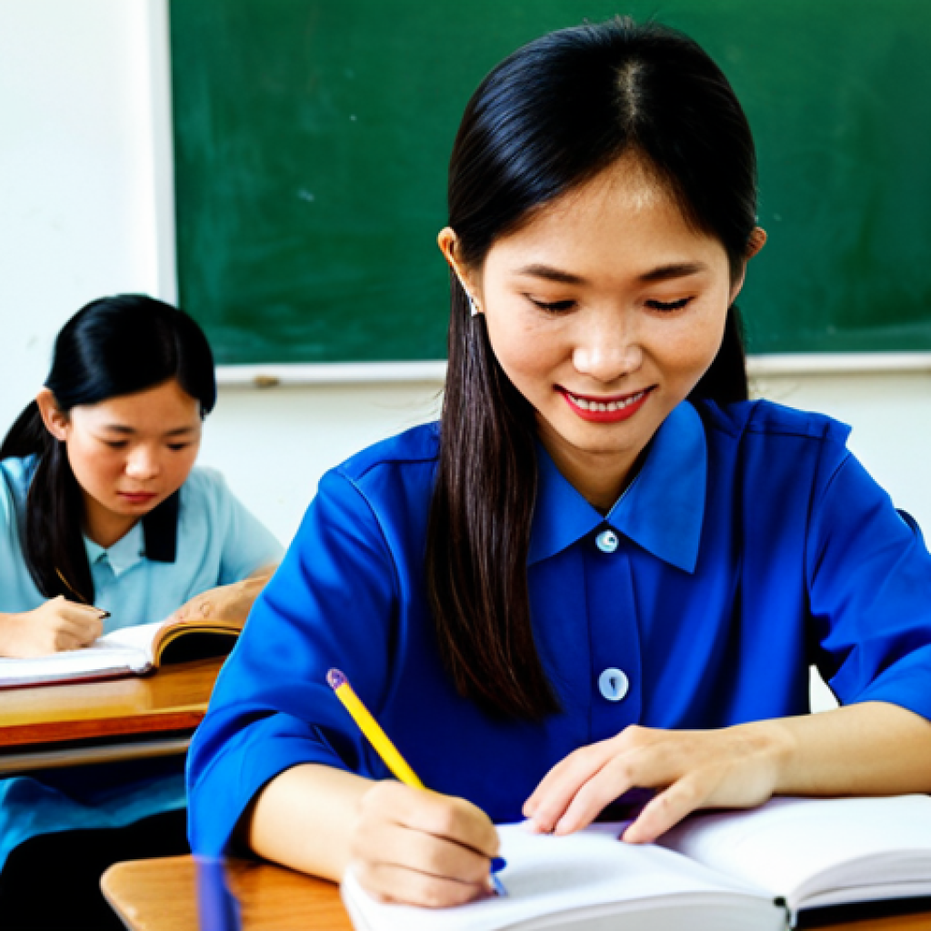 Community Learning**
"A diverse group of Vietnamese adults and young people are gathered in a bright, community center, fully clothed in modest, everyday attire. Some are practicing writing in notebooks, others are reading aloud from textbooks with Vietnamese script. An instructor is helping a student one-on-one. The scene should convey a sense of hope, determination, and community spirit. Background includes posters with educational slogans in Vietnamese and local artwork. Safe for work, appropriate content, fully clothed, family-friendly, perfect anatomy, correct proportions, natural pose, high quality."
**