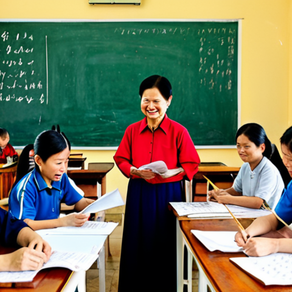 **Prompt:** A bustling community center in Hanoi, Vietnam. A friendly, middle-aged woman, fully clothed in ao ba ba, is patiently teaching a small group of older adults, fully clothed in modest clothing, how to write Vietnamese script with calligraphy brushes. The classroom is bright and filled with learning materials (paper, ink, brushes). Safe for work, appropriate content, fully clothed, professional, family-friendly, perfect anatomy, natural proportions, Vietnamese cultural context.