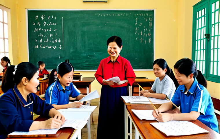 **Prompt:** A bustling community center in Hanoi, Vietnam.  A friendly, middle-aged woman, fully clothed in ao ba ba, is patiently teaching a small group of older adults, fully clothed in modest clothing, how to write Vietnamese script with calligraphy brushes. The classroom is bright and filled with learning materials (paper, ink, brushes).  Safe for work, appropriate content, fully clothed, professional, family-friendly, perfect anatomy, natural proportions, Vietnamese cultural context.