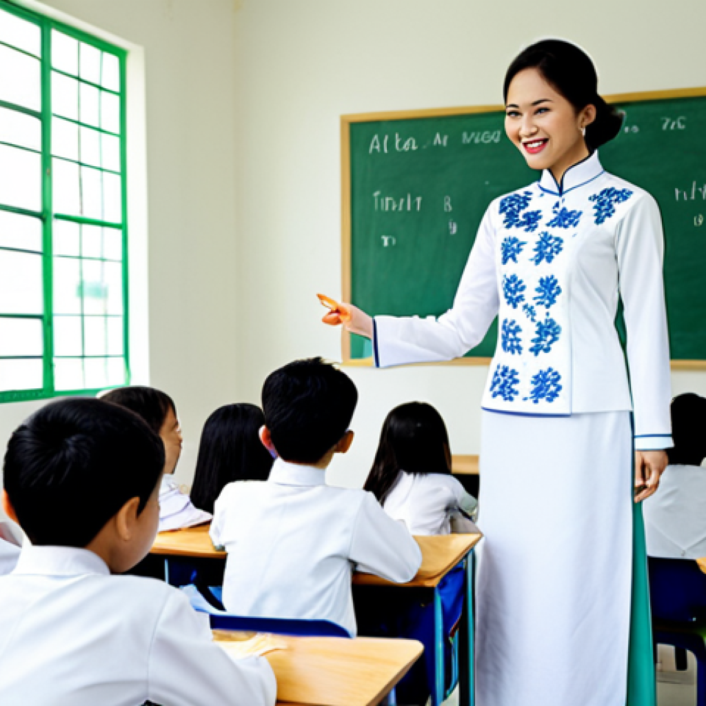 문해교육사와 학습 코칭 기법 - **Prompt:** A cheerful Vietnamese teacher in ao dai, fully clothed, instructing a diverse group of s...