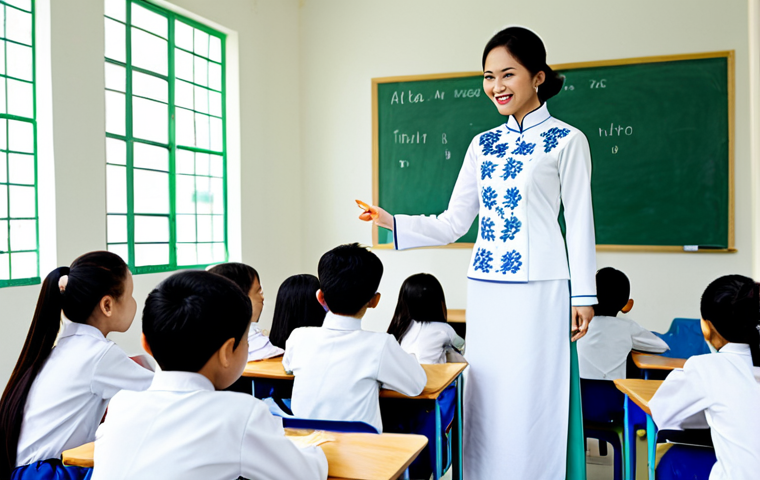 문해교육사와 학습 코칭 기법 - **Prompt:** A cheerful Vietnamese teacher in ao dai, fully clothed, instructing a diverse group of s...