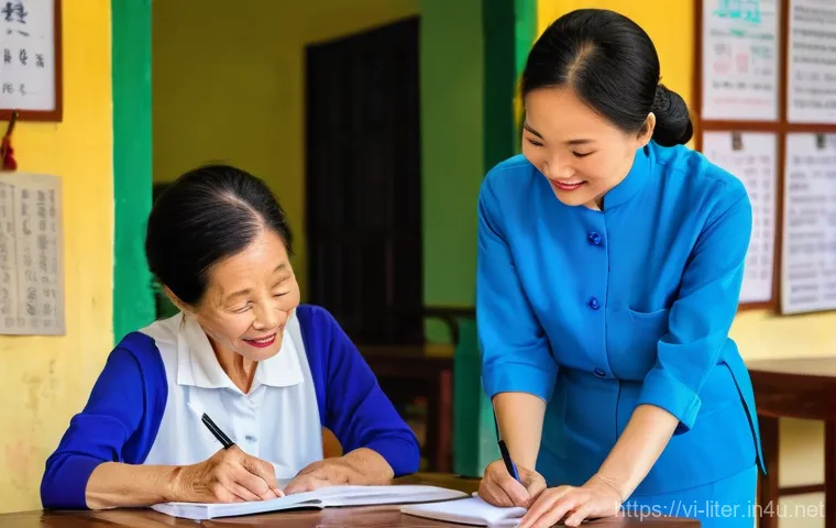 문해교육사와 직무 특성 비교 - **Prompt for Adult Literacy/Digital Skills Class in Vietnam:**
"A vibrant scene inside a modest ...