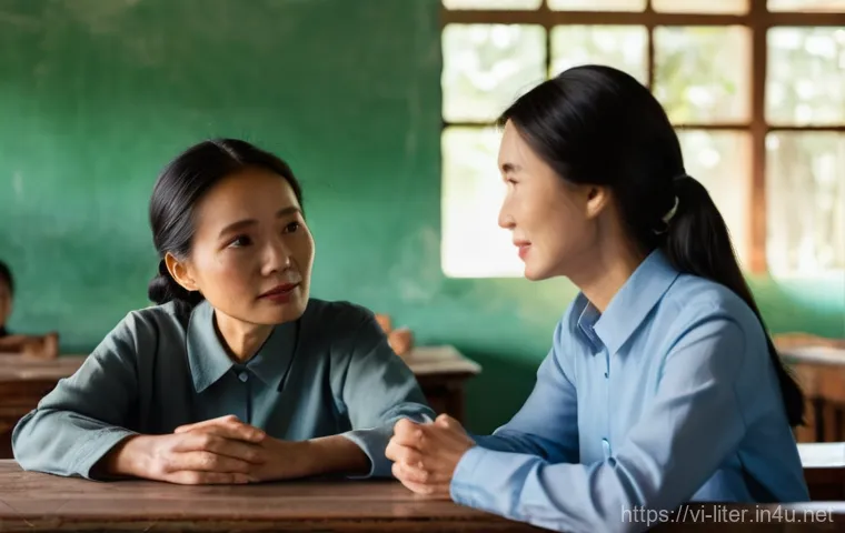 문해교육사와 학습 계획 설계법 - **Prompt:** An intimate, warm portrait of a kind young female teacher gently listening to an elderly...