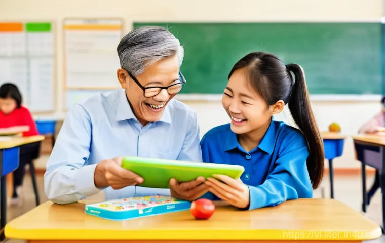 문해교육사와 학습 계획 설계법 - **Prompt:** An intimate, warm portrait of a kind young female teacher gently listening to an elderly...