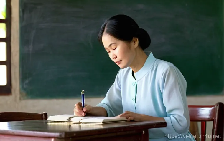 문해교육사와 학습 이론 연구 사례 - **Prompt:** A serene and heartwarming indoor scene in a brightly lit, simple rural Vietnamese commun...