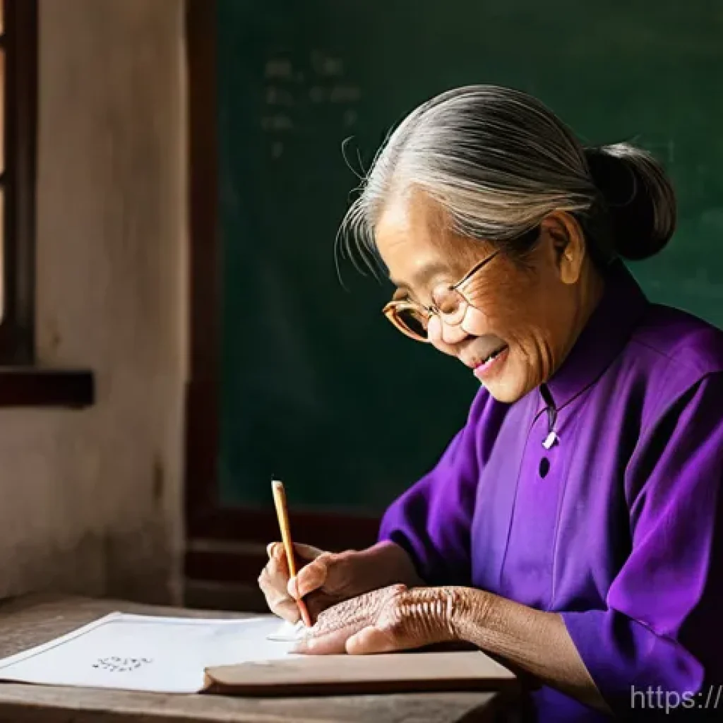 문해교육사와 학습 목표 성공 사례 - **Prompt:** A close-up portrait of an elderly Vietnamese woman in her late 60s, her face alight with...