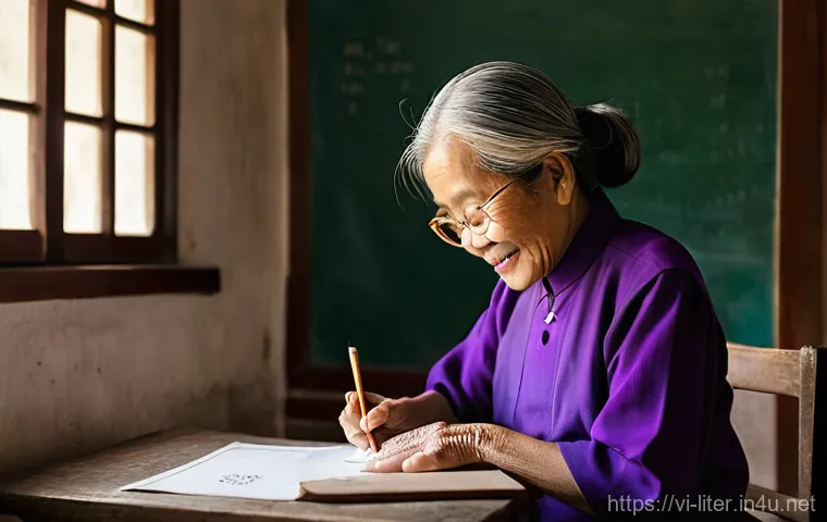 문해교육사와 학습 목표 성공 사례 - **Prompt:** A close-up portrait of an elderly Vietnamese woman in her late 60s, her face alight with...