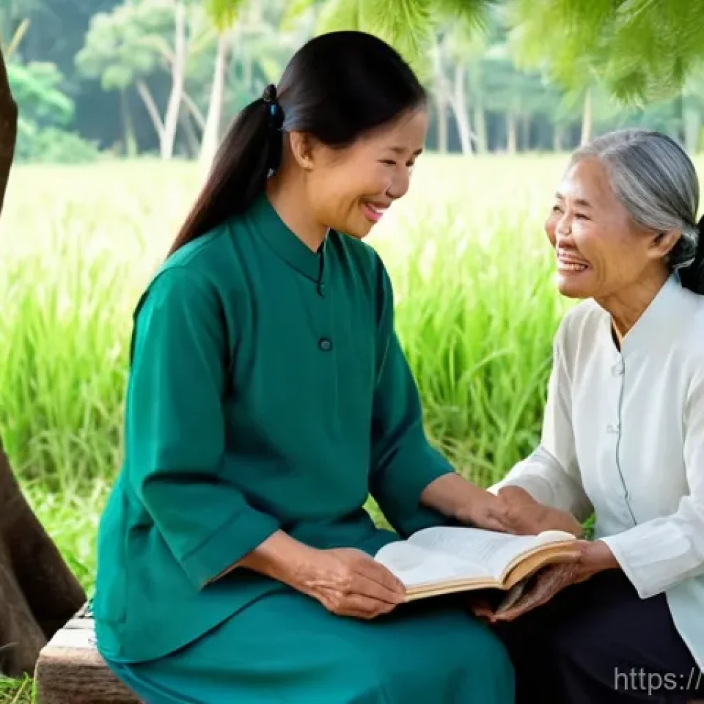 문해교육사와 교육 자료 공유 플랫폼 - **Prompt:** A heartwarming scene in a rural Vietnamese village. A compassionate female Vietnamese te...