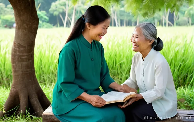 문해교육사와 교육 자료 공유 플랫폼 - **Prompt:** A heartwarming scene in a rural Vietnamese village. A compassionate female Vietnamese te...