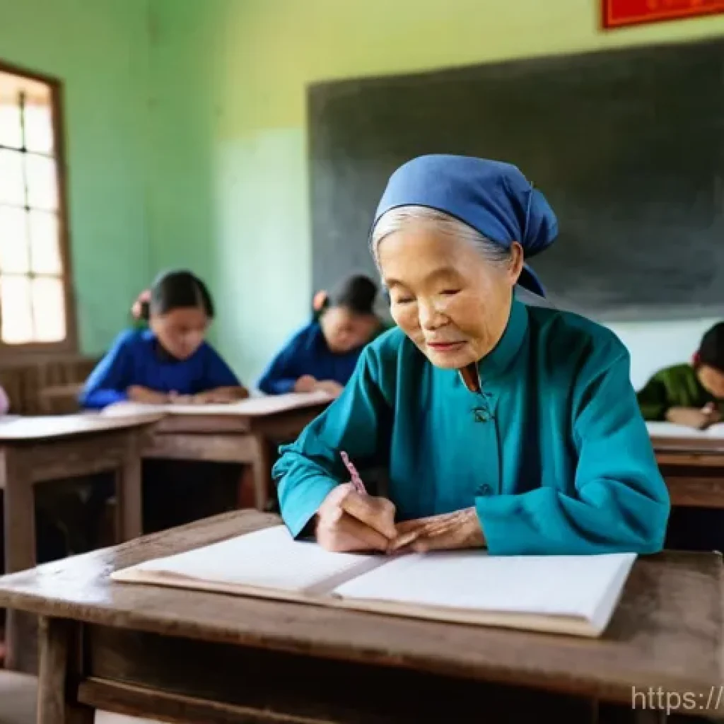 문해교육사와 학생 만족도 조사 결과 - **Prompt:** A heartwarming scene inside a modest, simply lit classroom in a rural Vietnamese village...