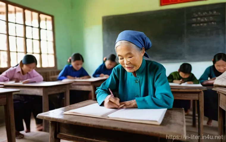문해교육사와 학생 만족도 조사 결과 - **Prompt:** A heartwarming scene inside a modest, simply lit classroom in a rural Vietnamese village...