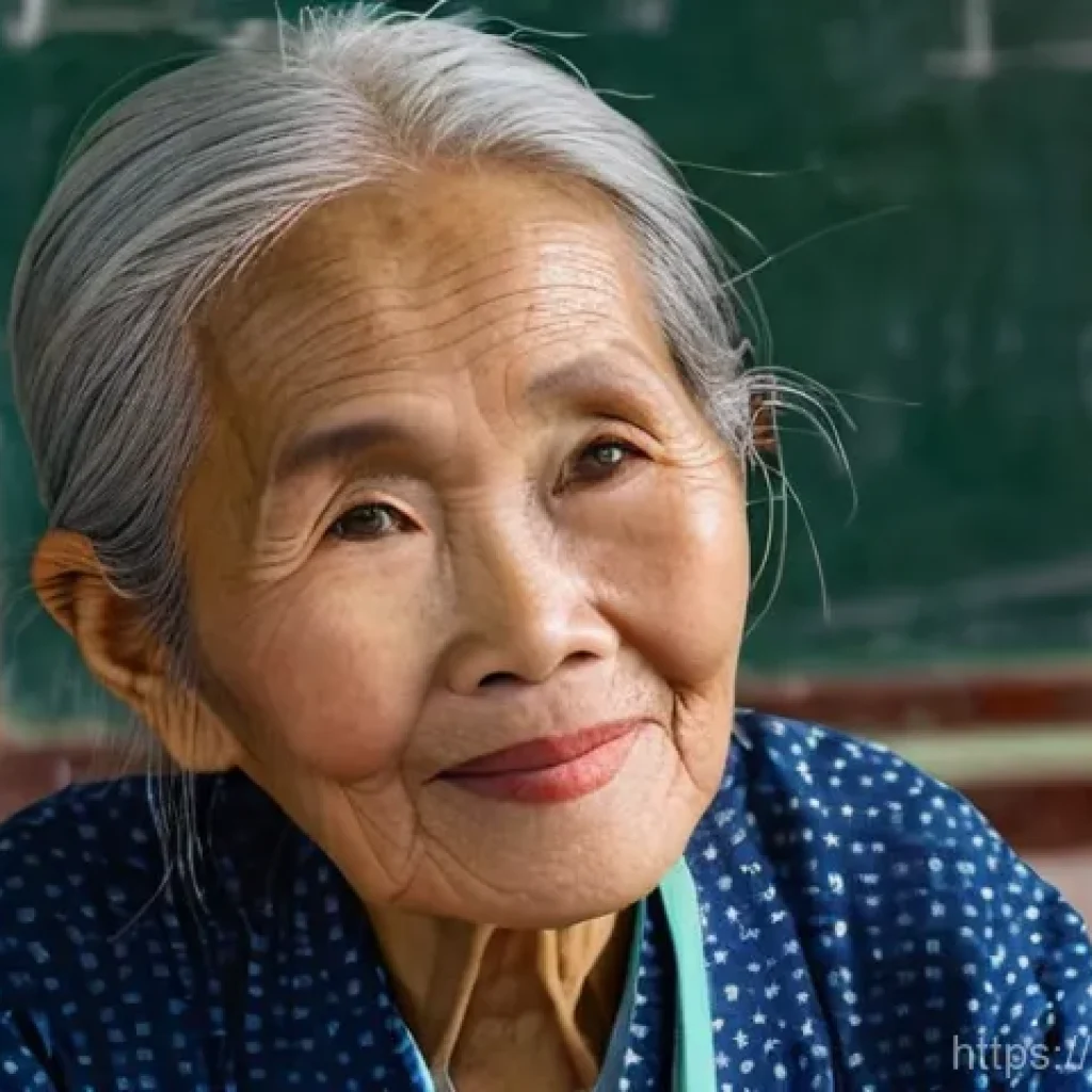 문해교육사와 평생교육의 연관성 - **Prompt:** An inspiring close-up of an elderly Vietnamese woman, approximately 75 years old, with d...