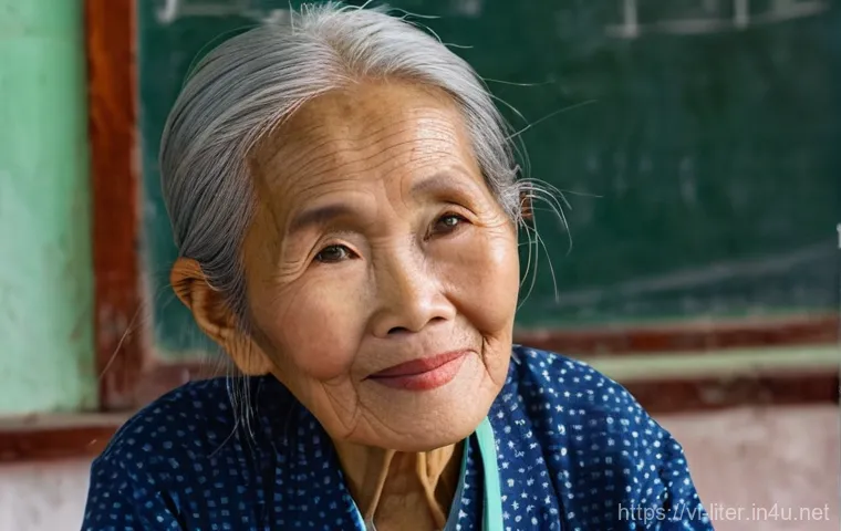 문해교육사와 평생교육의 연관성 - **Prompt:** An inspiring close-up of an elderly Vietnamese woman, approximately 75 years old, with d...