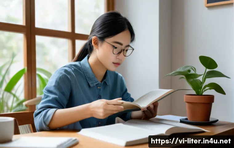 문해교육사와 학습 목표 성공 성공 연구 - A focused Vietnamese adult student sitting at a neat wooden desk in a cozy, well-lit room with natur...