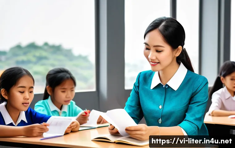 문해교육사 연봉 기준과 평균 - A professional Vietnamese adult literacy teacher conducting a reading and writing skills class in a ...
