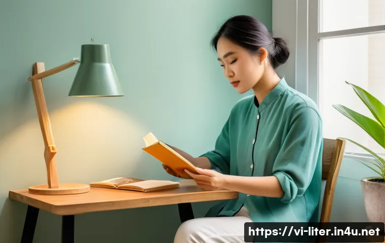 문해교육사와 학습 목표 성공 성공 결과 - A cozy study corner bathed in natural sunlight from a large window, featuring a young Vietnamese adu...