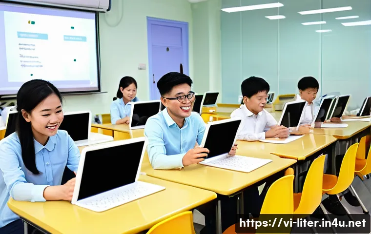 문해교육사와 학습 기술 적용 사례 - A modern Vietnamese adult classroom setting where diverse learners aged 30-60 engage interactively w...