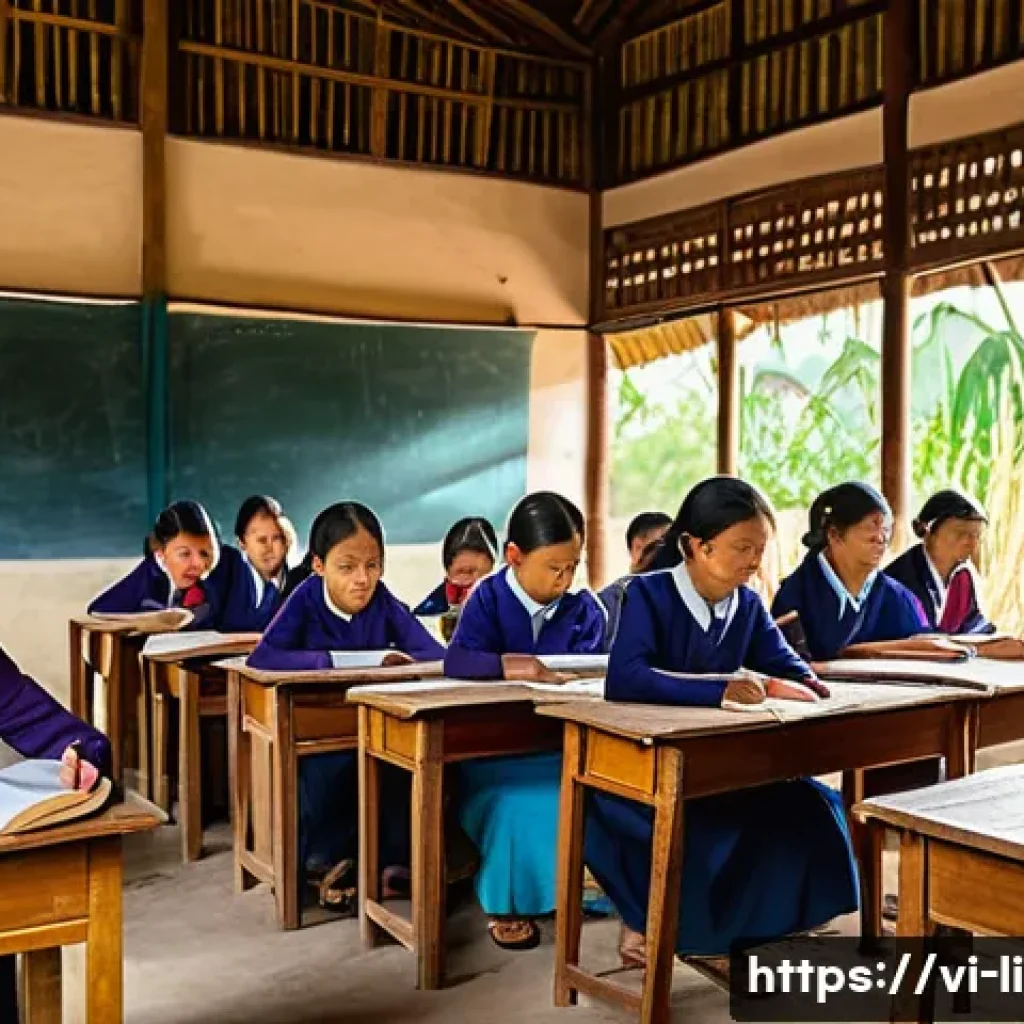 문해교육사와 국가 교육 정책 사례 - A Vietnamese community literacy class set in a rural village, featuring a diverse group of adult lea...