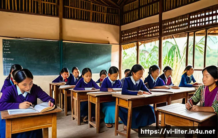 문해교육사와 국가 교육 정책 사례 - A Vietnamese community literacy class set in a rural village, featuring a diverse group of adult lea...