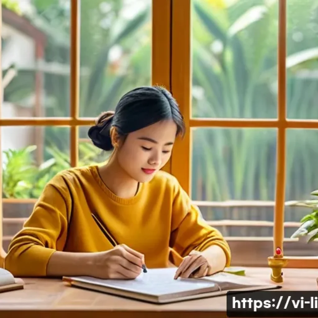 문해교육사 실기시험 합격 팁 - A cozy Vietnamese home study scene showing an adult learner practicing handwriting Vietnamese charac...