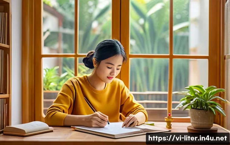 문해교육사 실기시험 합격 팁 - A cozy Vietnamese home study scene showing an adult learner practicing handwriting Vietnamese charac...