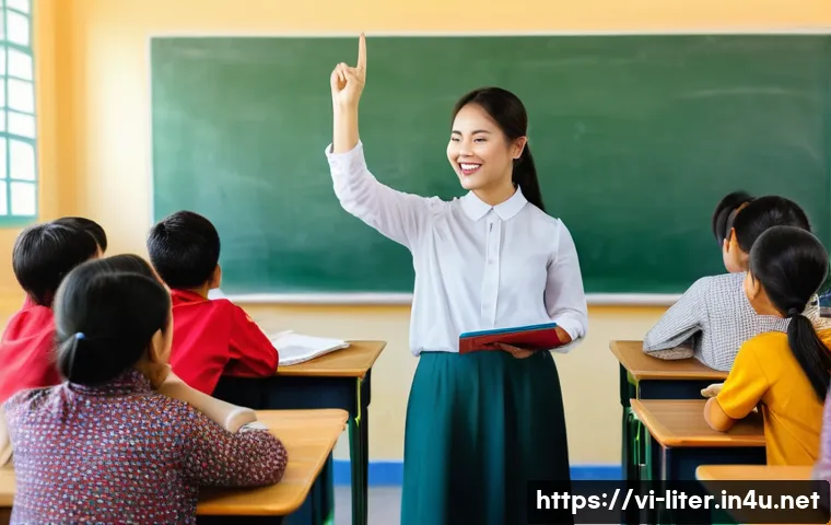 문해교육사 교육성과 평가법 - A Vietnamese classroom scene showing a dedicated female teacher engaging with enthusiastic adult lea...