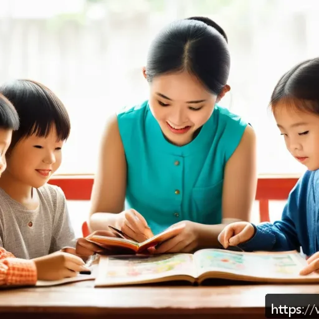 문해교육사와 필수 문해 지도 기술 - A cozy Vietnamese home scene featuring a diverse group of learners, including children and adults, e...