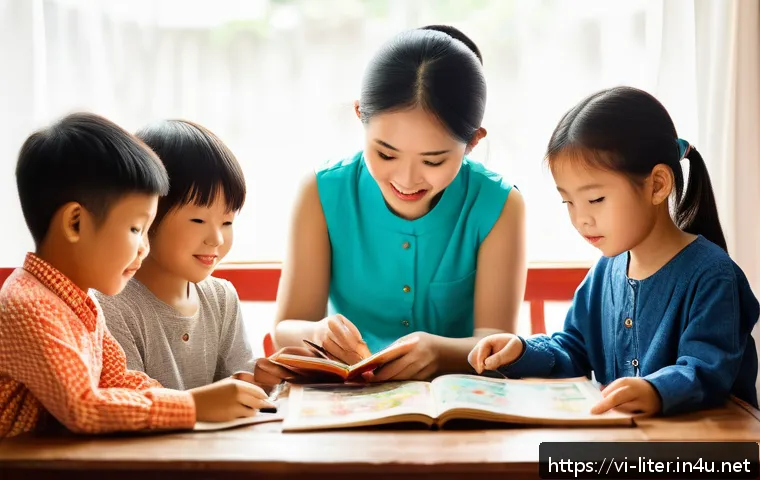 문해교육사와 필수 문해 지도 기술 - A cozy Vietnamese home scene featuring a diverse group of learners, including children and adults, e...