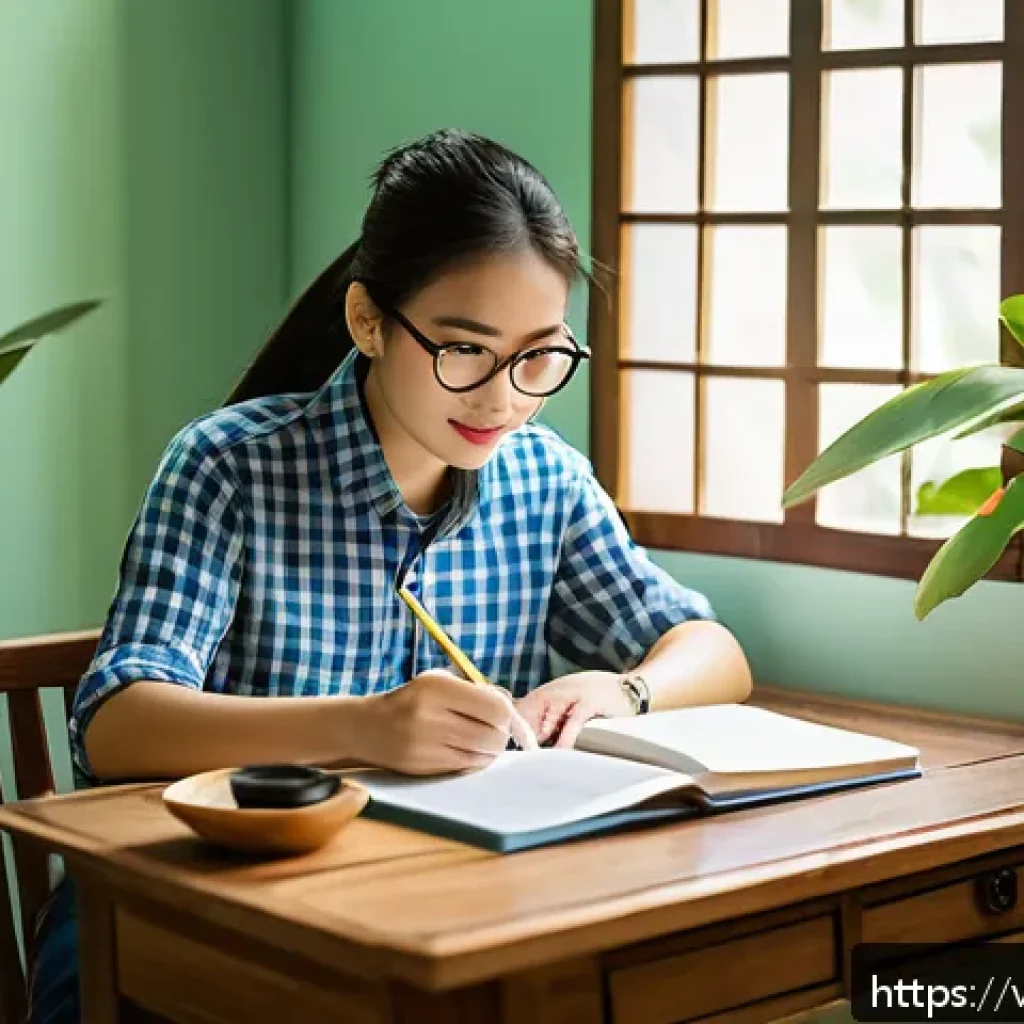 문해교육사 자격증과 학습 자료 준비 - A bright and cozy study room in a Vietnamese home, featuring a young adult sitting at a wooden desk ...
