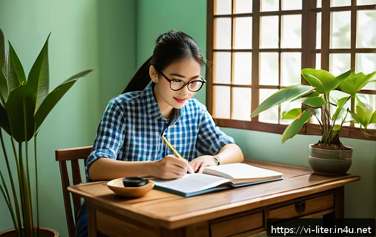 문해교육사 자격증과 학습 자료 준비 - A bright and cozy study room in a Vietnamese home, featuring a young adult sitting at a wooden desk ...