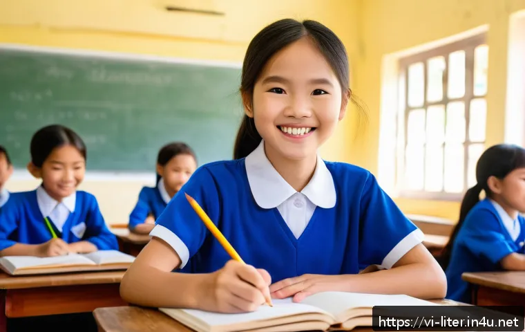 문해교육사와 직업 만족도 연구 성공 - A warm and engaging classroom scene in a Vietnamese elementary school where a female teacher attenti...