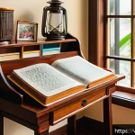 문해교육사와 지속적인 학습 방법 - A cozy, well-lit home reading and writing nook designed for a Vietnamese learner, featuring a wooden...