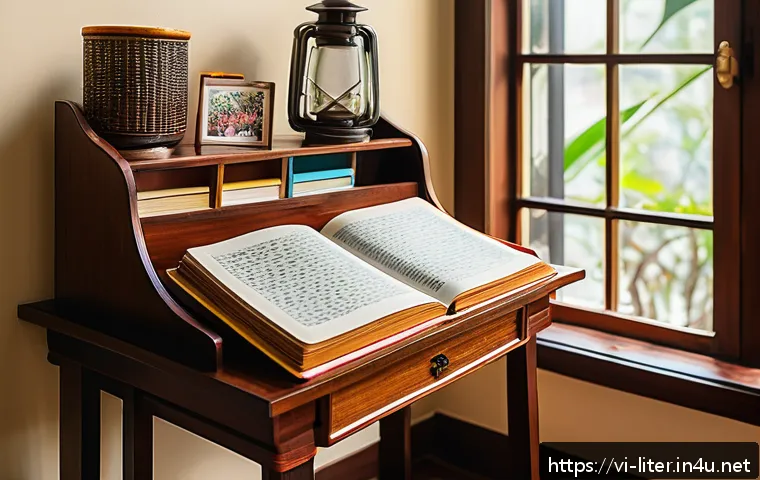 문해교육사와 지속적인 학습 방법 - A cozy, well-lit home reading and writing nook designed for a Vietnamese learner, featuring a wooden...