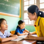 문해교육사로서의 긍정적인 마인드 - A warm, inviting elementary classroom in Vietnam with colorful educational posters about reading and...