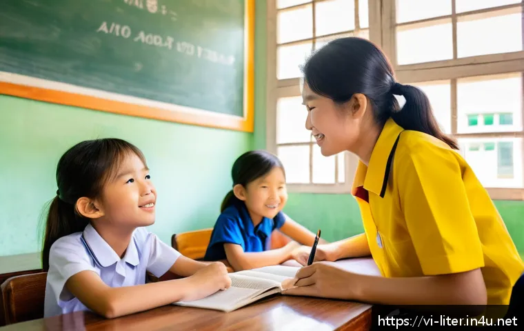 문해교육사로서의 긍정적인 마인드 - A warm, inviting elementary classroom in Vietnam with colorful educational posters about reading and...