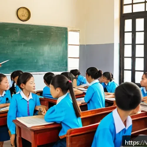 문해교육사로서의 문제 해결 능력 - A diverse classroom scene in Vietnam showing middle school students sitting in groups, actively enga...