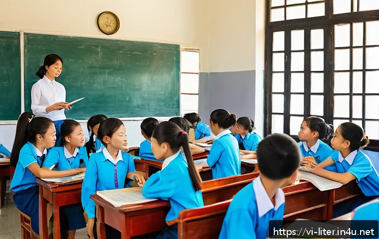 문해교육사로서의 문제 해결 능력 - A diverse classroom scene in Vietnam showing middle school students sitting in groups, actively enga...