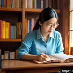 문해교육사와 독서교육 프로그램 - A cozy Vietnamese home study scene featuring an adult Vietnamese woman reading a traditional paper b...