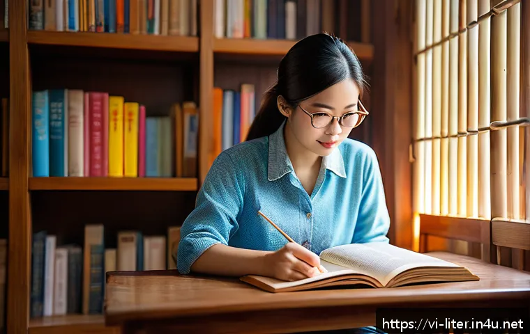 문해교육사와 독서교육 프로그램 - A cozy Vietnamese home study scene featuring an adult Vietnamese woman reading a traditional paper b...