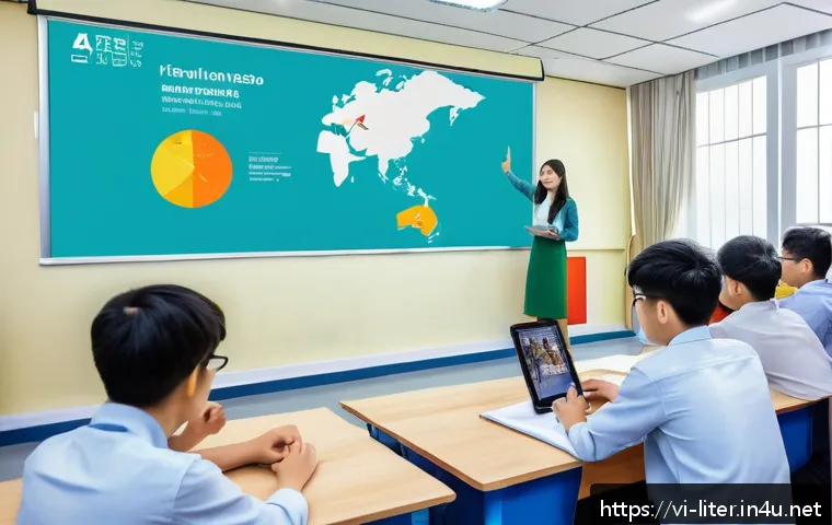 문해교육사 강의 자료 제작 도구 - A modern Vietnamese classroom scene showing a diverse group of young adult students actively engagin...